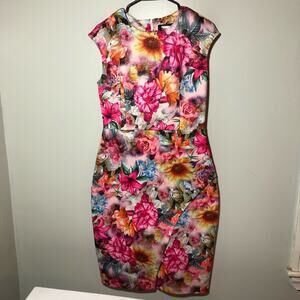 Alexia Admor womens bright pink floral sleeveless dress M stretchy wedding guest